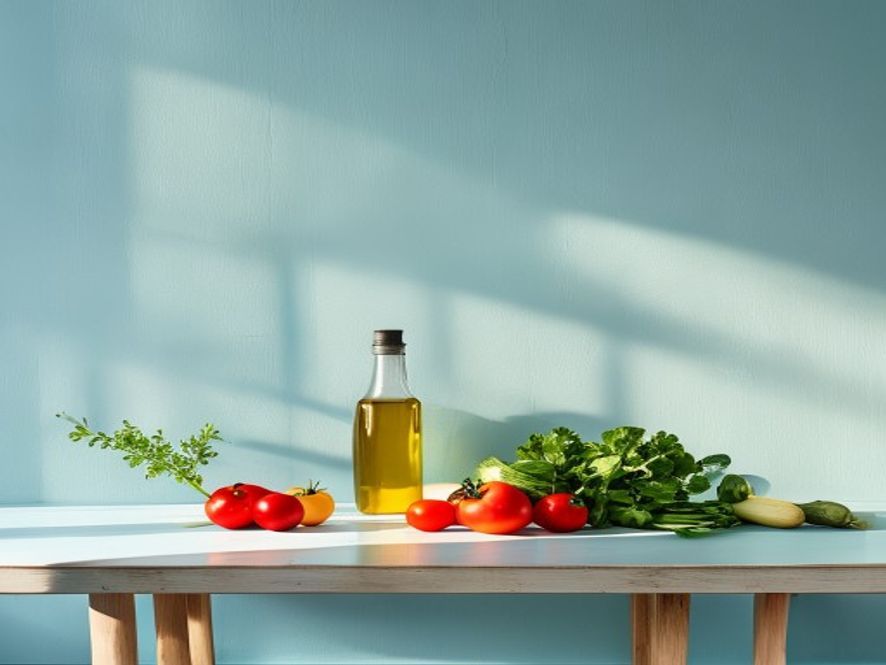Et bord med friske ingredienser og en kopp kaffe i varmt lys