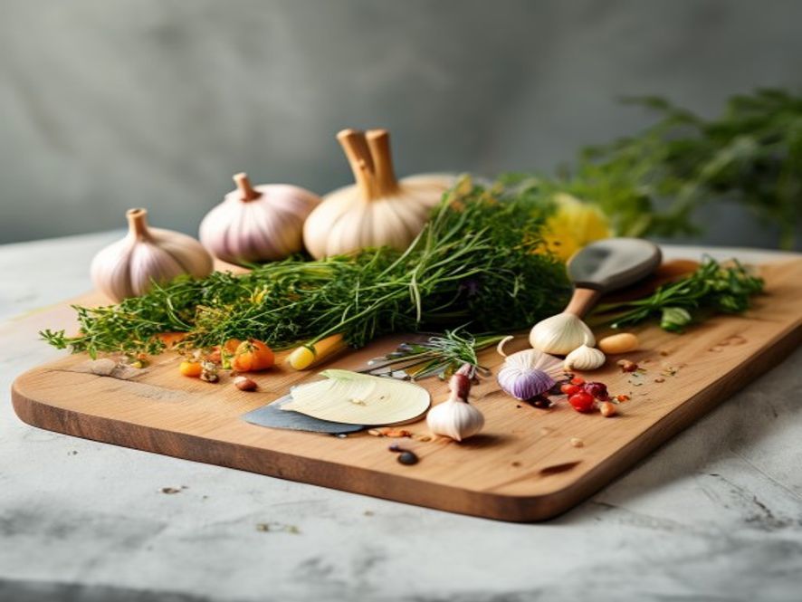 Et tre brett av ferske ingredienser — løk, krydderurter og grønnsaker